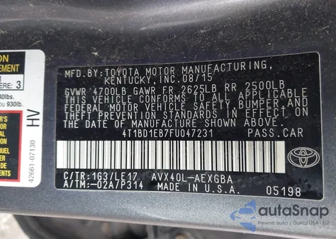 2015 Toyota Avalon Hybrid Xle Touring z USA, uszkodzony, nr VIN 4T1BD1EB7FU047231